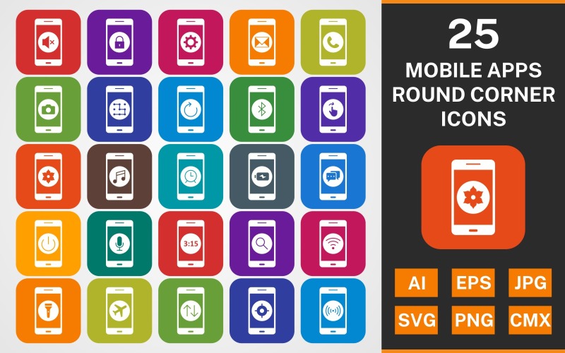 Sada ikon 25 MOBILNÍCH APLIKACÍ KULATÝ ROH GLYPH PACK
