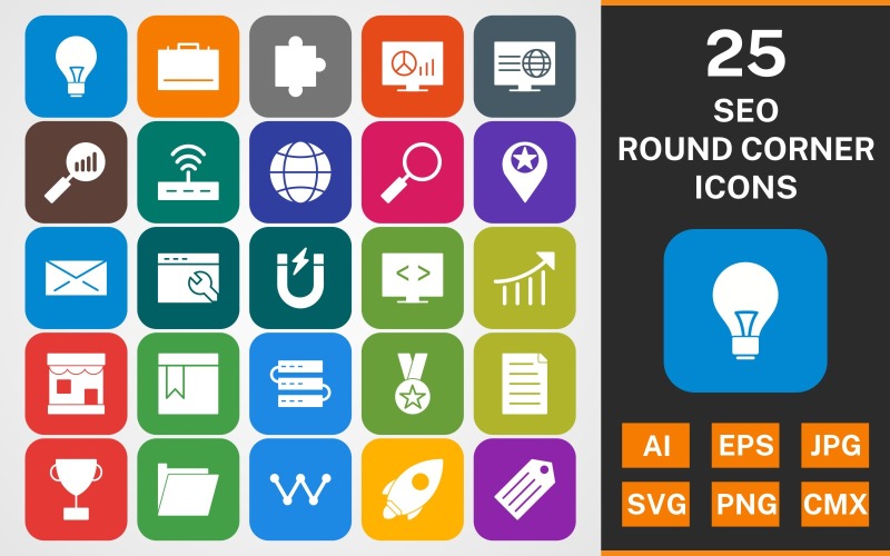 Download Набор иконок "25 SEO Round Corner Glyph PACK Icon Set" / 25 SEO Round Corner Glyph PACK Icon Set - Набор иконок на тему business set,file,icon,icons,linear,glyph,vector,sign,symbol,pictogram,seo,document,bulb,graphs,magnet,servers,launch,webpage,email,browser settings