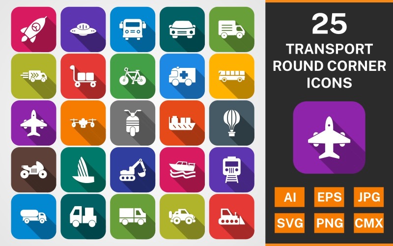 25 TRANSPORT ronde hoek schaduwrijke PACK Icon Set