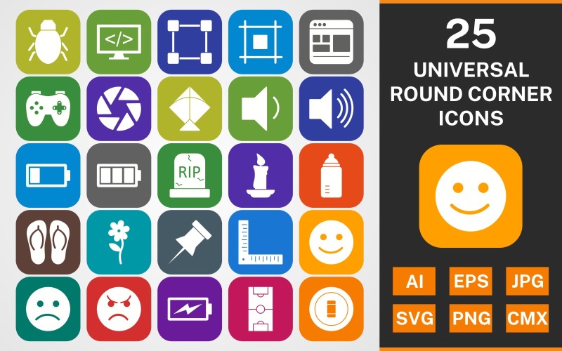 Download Набор иконок "25 UNIVERSAL ROUND CORNER GLYPH PACK Icon Set" / 25 UNIVERSAL ROUND CORNER GLYPH PACK Icon Set - Набор иконок на тему game set,file,icon,icons,round,glyph,vector,sign,symbol,pictogram,universal,kite,layout,flower,bug,dragging,shutter,video game,low battery,programming