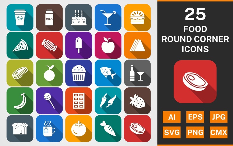 25 VOEDSEL ronde hoek schaduwrijke PACK Icon Set