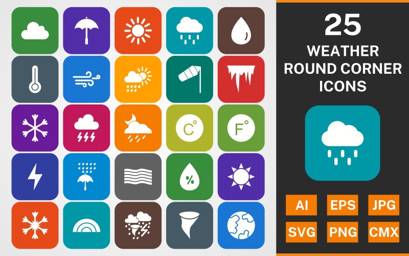 Download Набор иконок "25 WEATHER Round Corner Glyph PACK Icon Set" / 25 WEATHER Round Corner Glyph PACK Icon Set - Набор иконок на тему weather set,file,icon,icons,linear,glyph,vector,sign,symbol,pictogram,weather,windy,sun,rain,cloud,haze,tornado,rainbow,storm,snow