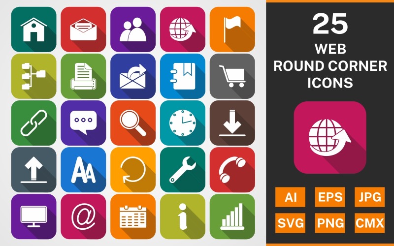 25 WEB Round Corner Shadowed PACK Ikonuppsättning
