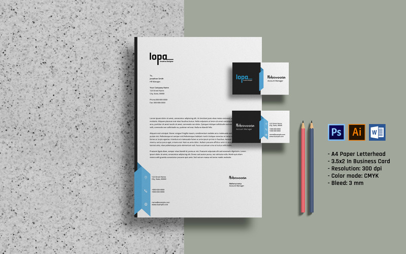 Download Фирменный стиль "Company Letterhead and Business Card - Corporate Identity Template" / Company Letterhead and Business Card - Corporate Identity Template - Фирменный стиль на тему графика ai,blue,clean,corporate,creative,design,editable,fresh,letterhead,minimal,minimalist,ms word,print template,psd,template