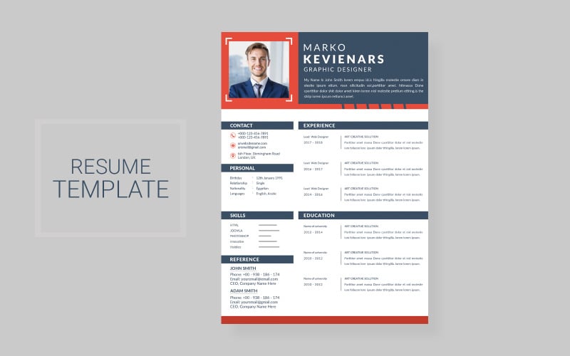 Download Резюме "Marko Kevinenars Resume Template" / Marko Kevinenars Resume Template - Резюме на тему графика business,design,resume,cv,work,elegant,flat,job,modern,document,flat design,page,professional,corporate,profession,employment,template,paperwork,vitae,aplicacion