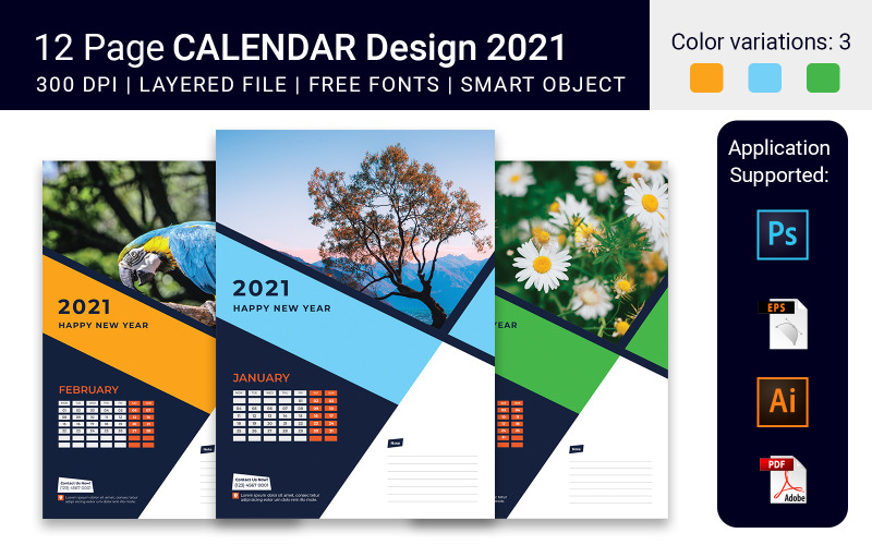 Modelo de design de calendário de parede de 12 páginas planejador 2021