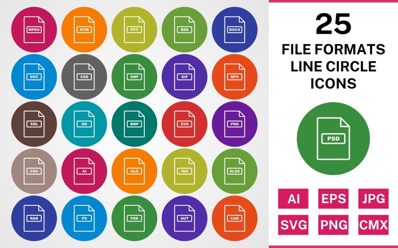 Conjunto de ícones de pacote de 25 linhas de formato de arquivo