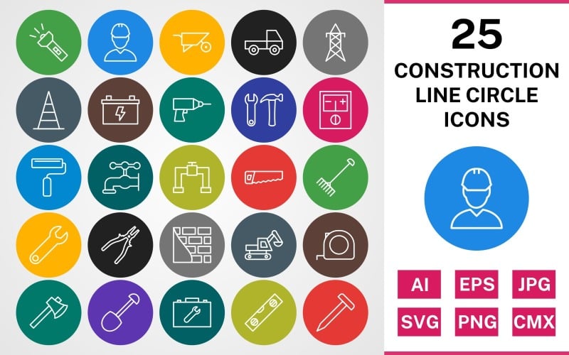 Download Набор иконок "25 CONSTRUCTION LINE CIRCLE PACK Icon Set" / 25 CONSTRUCTION LINE CIRCLE PACK Icon Set - Набор иконок на тему industrial set,file,icon,icons,linear,line,vector,sign,symbol,pictogram,circle,construction,drill,tools,pipe,axe,shovel,excavator,flash,engineer