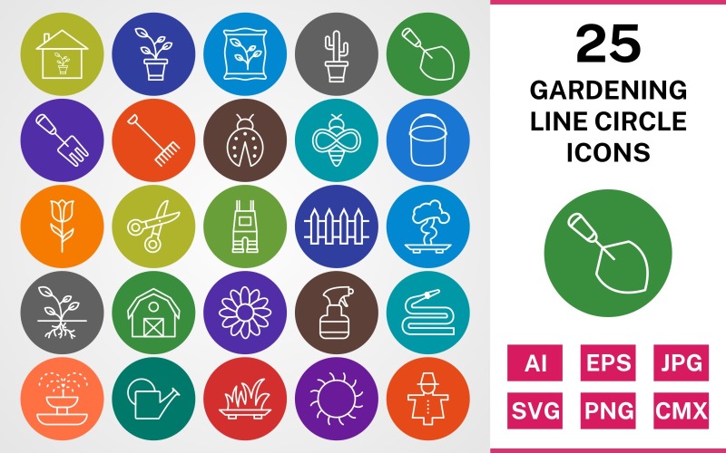 Download Набор иконок "25 GARDENING LINE CIRCLE PACK Icon Set" / 25 GARDENING LINE CIRCLE PACK Icon Set - Набор иконок на тему nature set,file,icon,icons,linear,line,vector,sign,symbol,pictogram,circle,gardening,sprout,rake,root,daisy,scarecrow,fence,grass,tulip
