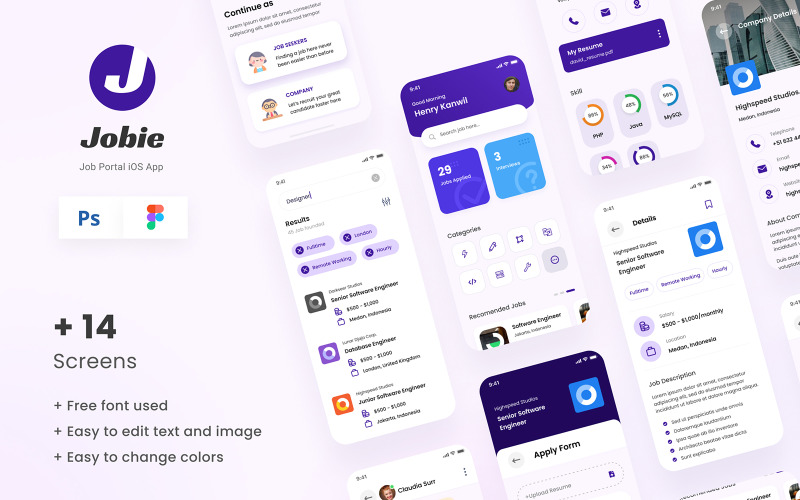 Download UI элементы "Jobie - Job Portal iOS App Design PSD Figma UI Elements" / Jobie - Job Portal iOS App Design PSD Figma UI Elements - UI элементы на тему графика app,design,ui,userinterface,ios,template,figma,psd,elegant,modern,company,corporate,job,portal,hiring,user interface,ios app design,job portal,hiring app,modern app