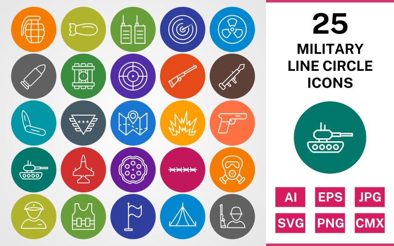 Download Набор иконок "25 MILITARY LINE CIRCLE PACK Icon Set" / 25 MILITARY LINE CIRCLE PACK Icon Set - Набор иконок на тему military set,file,icon,icons,linear,line,vector,sign,symbol,pictogram,circle,military,tank,jet,knife,bullet,bomb,grenade,chamber,slodier