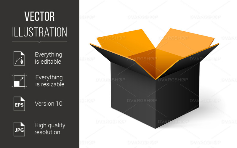 Download Vector "Opened box - Vector Image" / Opened box - Vector Image - Vector на тему графика opened,cardboard,box,orange,black,inside,open,gift,square,single,surprise,white,concept,realistic,shadow,symbol,illustration,background,paper,fragile