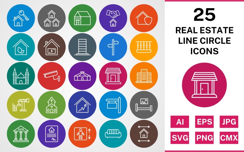 Download Набор иконок "25 REAL ESTATE LINE CIRCLE PACK Icon Set" / 25 REAL ESTATE LINE CIRCLE PACK Icon Set - Набор иконок на тему city set,file,icon,icons,linear,line,vector,sign,symbol,pictogram,circle,real estate,yurt,bank,lift,mansion,eco house,camera,sign board,balcony