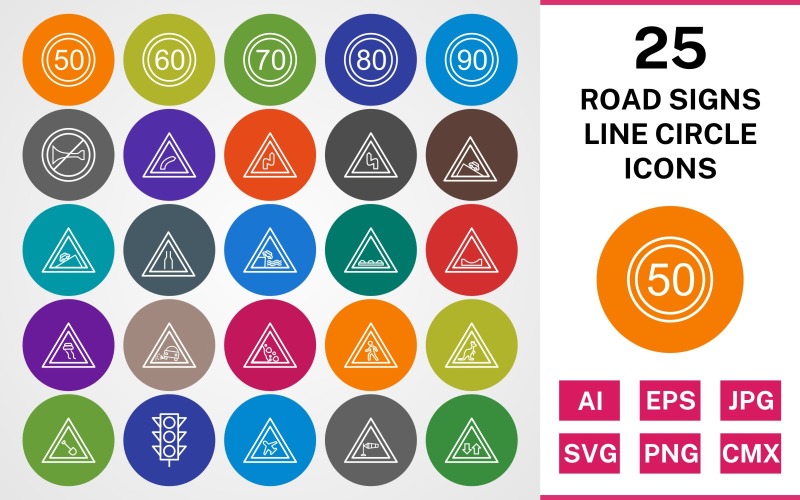 Download Набор иконок "25 ROAD SIGNS LINE CIRCLE PACK Icon Set" / 25 ROAD SIGNS LINE CIRCLE PACK Icon Set - Набор иконок на тему text set,file,icon,icons,linear,line,vector,sign,symbol,pictogram,circle,road signs,speed limit 50,steep ascent,air field,two way traffic,right bend,road works,falling rock,wild animal crossing