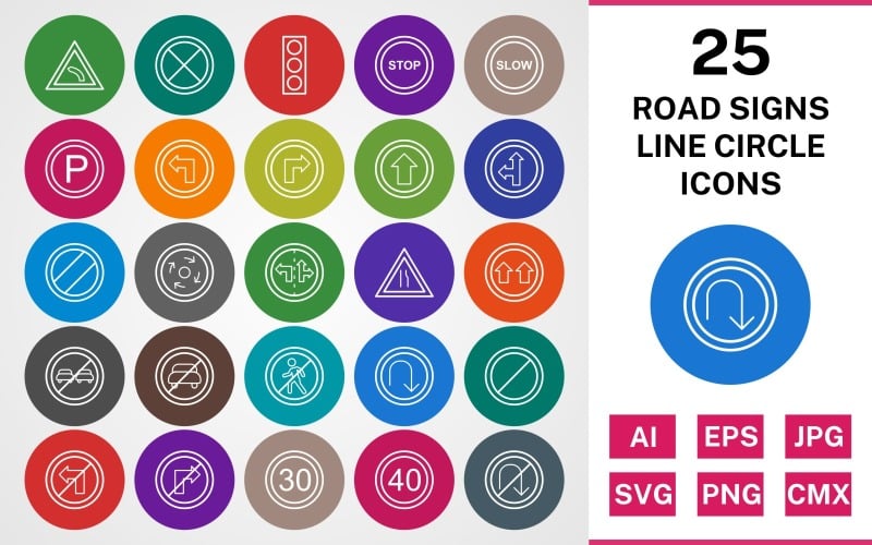25 ROAD SIGNS LINE CIRCLE PACK Icon Set