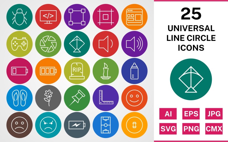 Download Набор иконок "25 UNIVERSAL LINE CIRCLE PACK Icon Set" / 25 UNIVERSAL LINE CIRCLE PACK Icon Set - Набор иконок set,file,icon,icons,linear,line,vector,sign,symbol,pictogram,circle,universal,kite,bug,template,shutter,candle,programming,flower,grave