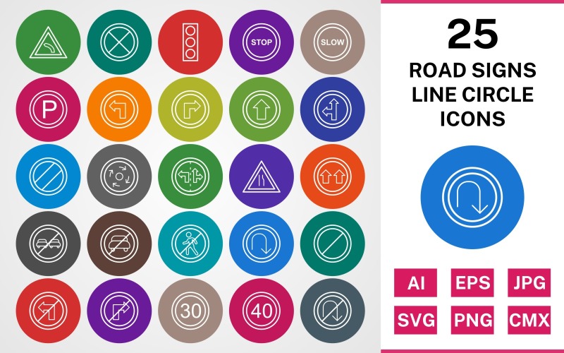 25 VÄGSSKILT LINE CIRCLE PACK Ikonuppsättning