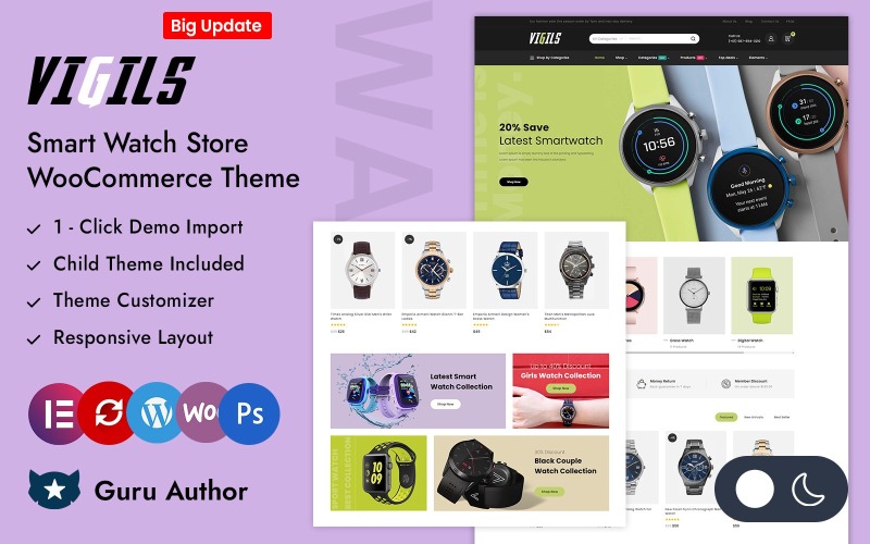 Vigils — Магазин умных носимых и цифровых часов Адаптивная тема Elementor WooCommerce