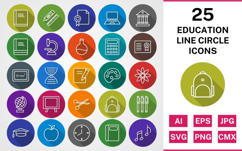 Download Набор иконок "25 EDUCATION LINE CIRCLE SHADOWED PACK Icon Set" / 25 EDUCATION LINE CIRCLE SHADOWED PACK Icon Set - Набор иконок на тему science set,file,icon,icons,linear,line,vector,sign,symbol,pictogram,circle,education,bagpack,markers,apple,notebook,diploma,book,laptop,flask