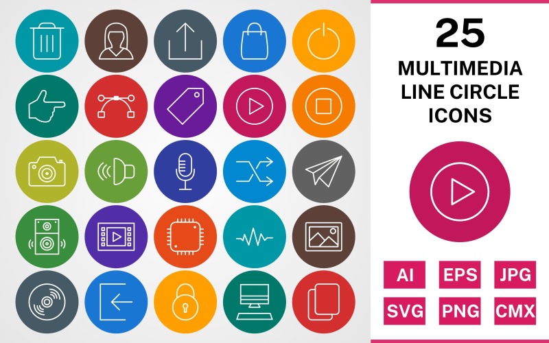25 MULTIMEDIA LINE CIRCLE PACK Ikonuppsättning