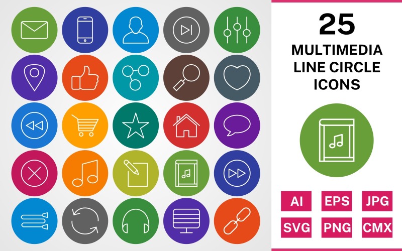 25 MULTIMEDIA LINE CIRCLE PACK Ikonuppsättning