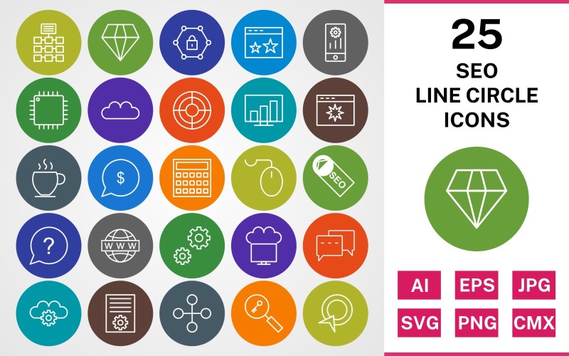 Download Набор иконок "25 SEO LINE CIRCLE PACK Icon Set" / 25 SEO LINE CIRCLE PACK Icon Set - Набор иконок на тему business set,file,icon,icons,linear,line,vector,sign,symbol,pictogram,circle,seo,seo tag,web search,settings,keyword search,cloud,starred,diamond,mouse
