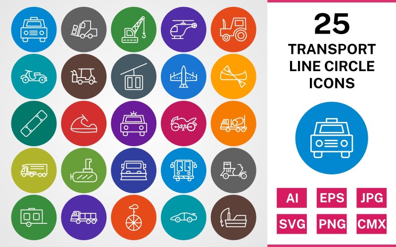 Download Набор иконок "25 TRANSPORT LINE CIRCLE PACK Icon Set" / 25 TRANSPORT LINE CIRCLE PACK Icon Set - Набор иконок на тему transport set,file,icon,icons,linear,line,vector,sign,symbol,pictogram,circle,transport,crane,taxi,loader,helicopter,wagon,sports car,fishing boat,golf cart