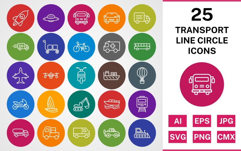 Download Набор иконок "25 TRANSPORT LINE CIRCLE PACK Icon Set" / 25 TRANSPORT LINE CIRCLE PACK Icon Set - Набор иконок на тему transport set,file,icon,icons,linear,line,vector,sign,symbol,pictogram,circle,transport,rocket,school bus,van,bus,airplane,carrier,jeep,bike