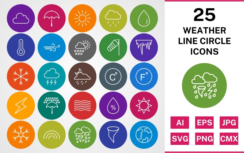 Download Набор иконок "25 WEATHER LINE CIRCLE PACK Icon Set" / 25 WEATHER LINE CIRCLE PACK Icon Set - Набор иконок на тему weather set,file,icon,icons,linear,line,vector,sign,symbol,pictogram,circle,weather,cloud,wind,celcius,haze,humidity,tornado,bad weather,temparature