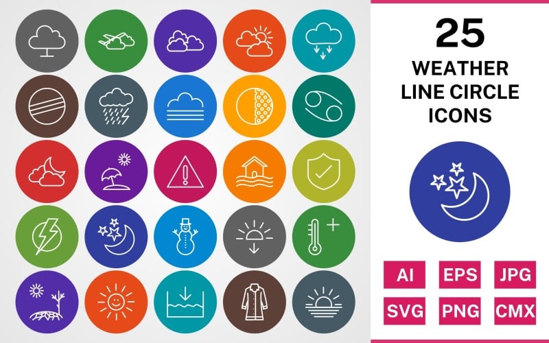 Download Набор иконок "25 WEATHER LINE CIRCLE PACK Icon Set" / 25 WEATHER LINE CIRCLE PACK Icon Set - Набор иконок на тему weather set,file,icon,icons,linear,line,vector,sign,symbol,pictogram,circle,weather,sunny,clouds,fog,hot,sunset,dark ray,sun smiling,flood symbol