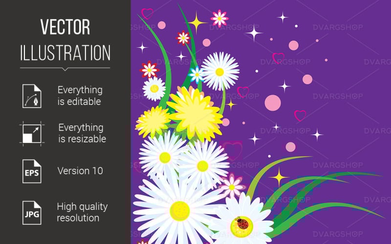 Download Vector "Beautiful Chamomiles with Ladybug - Vector Image" / Beautiful Chamomiles with Ladybug - Vector Image - Vector на тему графика ladybug,beautiful,with,chamomiles,background,illustration,detail,meadow,camomile,round,image,flower,fly,drawing,garden,nature,beauty,sunshine,bright,pattern