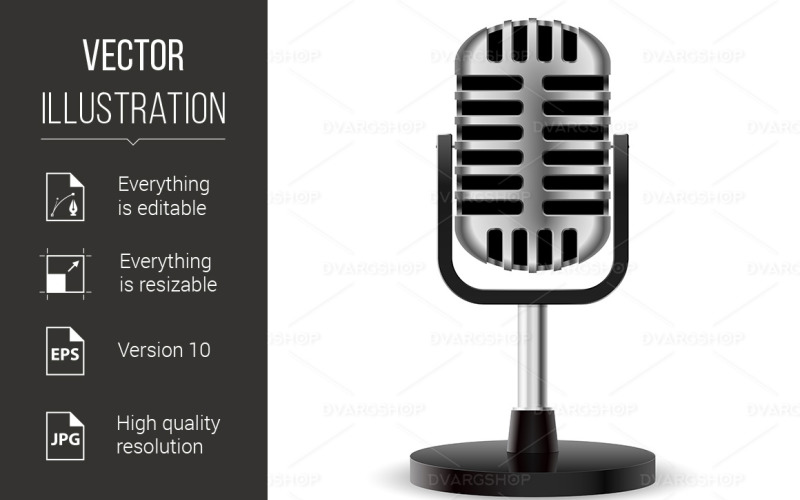 Download Vector "Realistic Retro Microphone Second Edition Illustration - Vector Image" / Realistic Retro Microphone Second Edition Illustration - Vector Image - Vector на тему графика microphone,retro,realistic,white,stage,performance,perform,audio,entertain,closeup,volume,musical,entertainment,isolated,audience,speech,pop,studio,instrument,silver