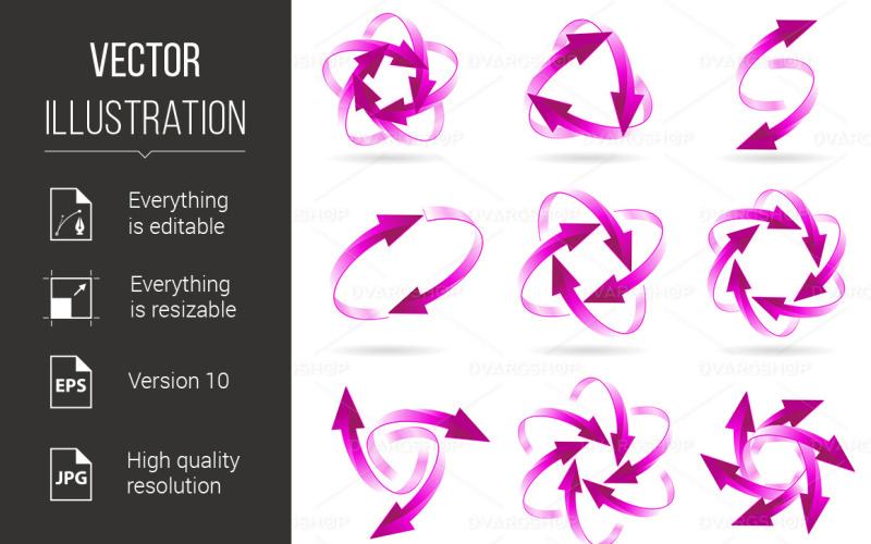 Download Vector "Set of Arrow Circles - Vector Image" / Set of Arrow Circles - Vector Image - Vector на тему графика set,arrow,circles,isolated,magenta,icon,slice,symbol,scheme,direction,repetition,continuity,turn,pattern,diagram,section,flow,cycle,illustration,glossy