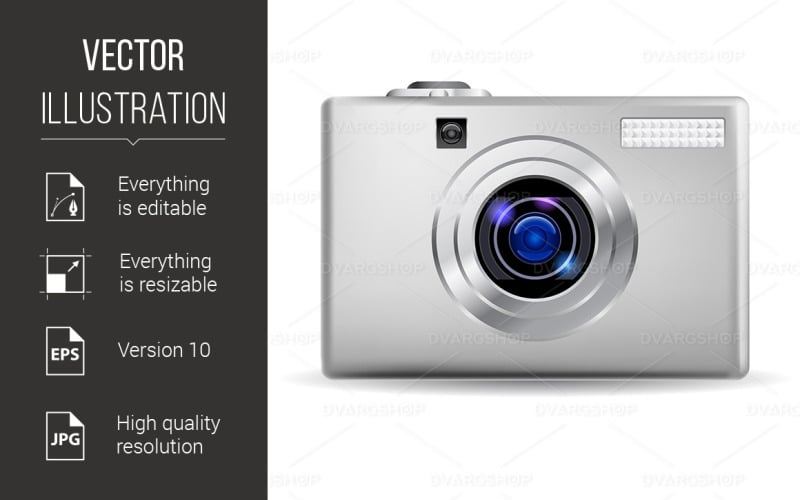 Download Vector "Realistic Digital Camera - Vector Image" / Realistic Digital Camera - Vector Image - Vector на тему графика digital,camera,background,white,illustration,single,image,lens,digitally,button,object,aluminum,analog,fish,reflex,concept,flash,metal,optics,man
