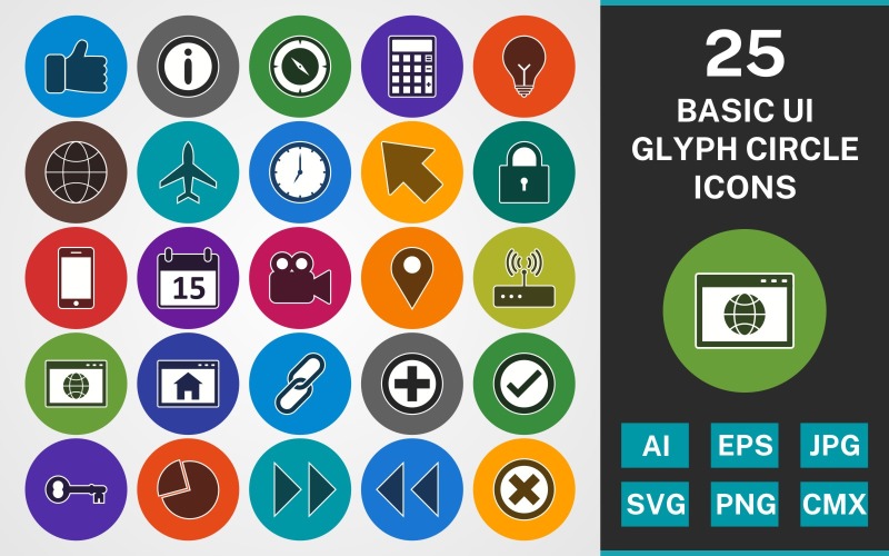 Download Набор иконок "25 BASIC UI GLYPH CIRCLE PACK Icon Set" / 25 BASIC UI GLYPH CIRCLE PACK Icon Set - Набор иконок на тему data set,file,icon,icons,linear,glyph,vector,sign,symbol,pictogram,circle,basic ui,globe,wifi,homepage,browser,compass,like,calculator,add