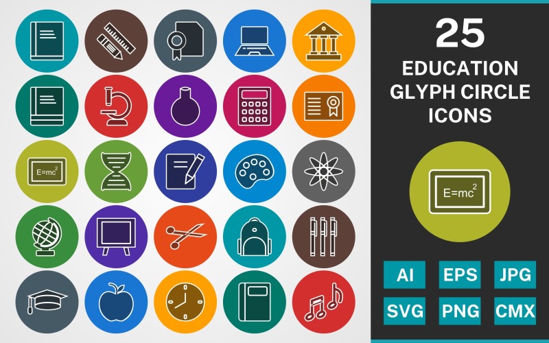 Download Набор иконок "25 EDUCATION GLYPH CIRCLE PACK Icon Set" / 25 EDUCATION GLYPH CIRCLE PACK Icon Set - Набор иконок на тему medical set,file,icon,icons,linear,glyph,vector,sign,symbol,pictogram,circle,medical,flask,globe,books,pencil and ruler,laptop,bagpack,notebook,clock