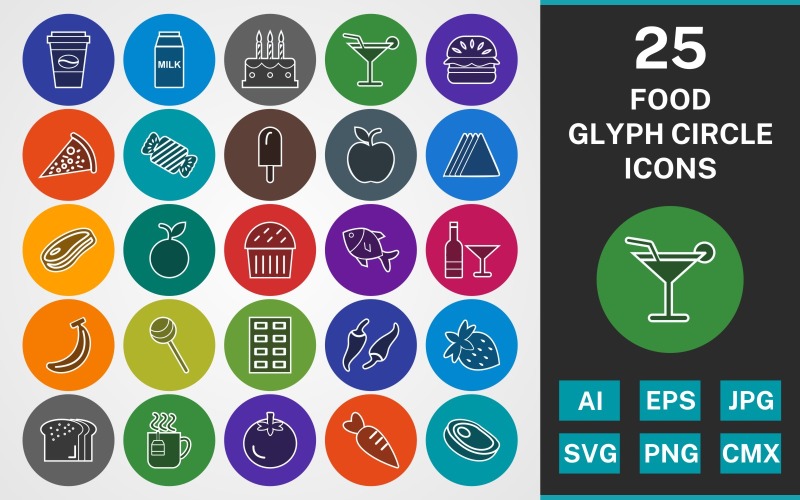 25 FOOD GLYPH CERCHIO PACK Icon Set