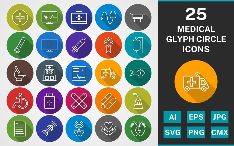 Download Набор иконок "25 MEDICAL GLYPH CIRCLE PACK Icon Set" / 25 MEDICAL GLYPH CIRCLE PACK Icon Set - Набор иконок на тему medical set,file,icon,icons,linear,glyph,vector,sign,symbol,pictogram,circle,medical,pulse,hospital,dna,xray,microscope,medical sign,band aid,report