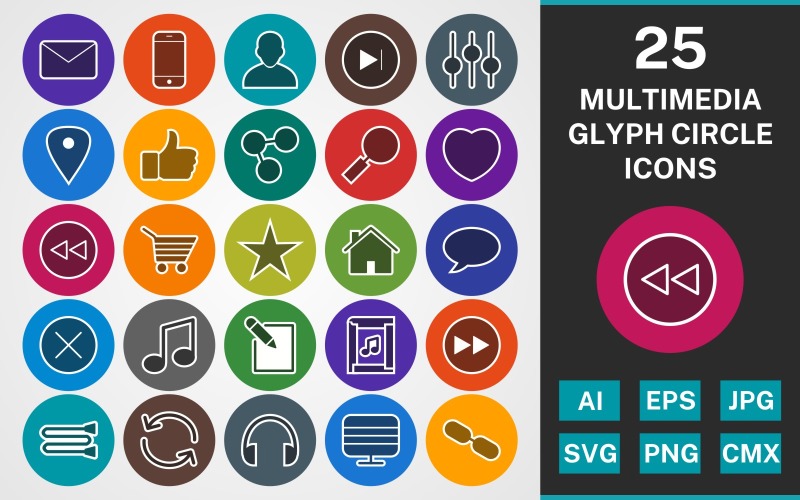 Download Набор иконок "25 MULTIMEDIA GLYPH CIRCLE PACK Icon Set" / 25 MULTIMEDIA GLYPH CIRCLE PACK Icon Set - Набор иконок на тему data set,file,icon,icons,linear,glyph,vector,sign,symbol,pictogram,circle,multimedia,like,chat,house,forward,book,reload,link,headphones