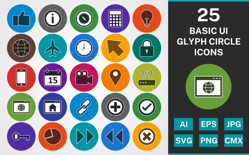 Набор иконок 25 BASIC UI GLYPH CIRCLE PACK
