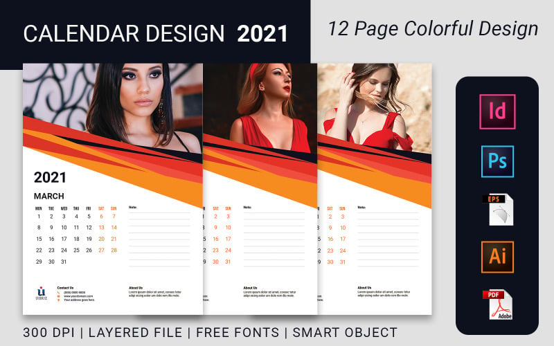 12 Pages Colorful Wall Calendar Design Template 2021 Volume - 2 Planner