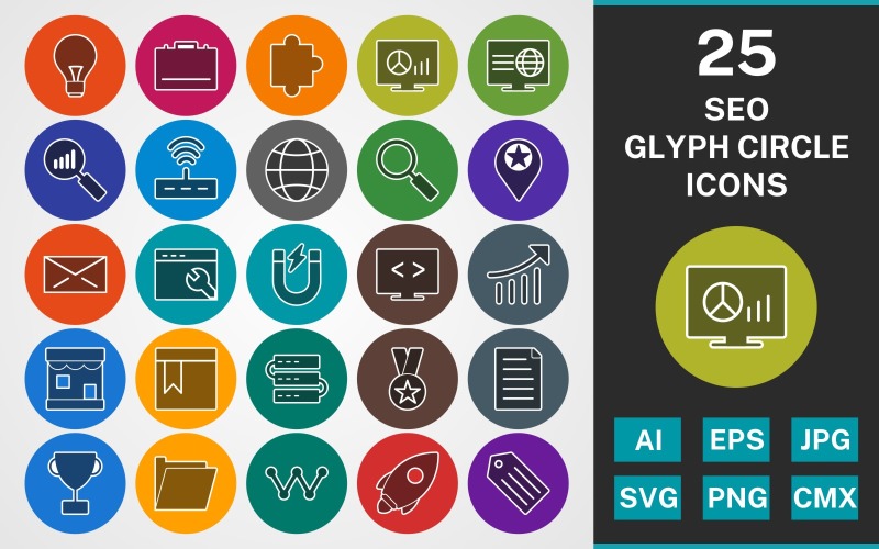 Download Набор иконок "25 SEO GLYPH CIRCLE PACK Icon Set" / 25 SEO GLYPH CIRCLE PACK Icon Set - Набор иконок на тему business set,file,icon,icons,linear,glyph,vector,sign,symbol,pictogram,circle,seo,document,bulb,graphs,web,search,email,magnet,shop