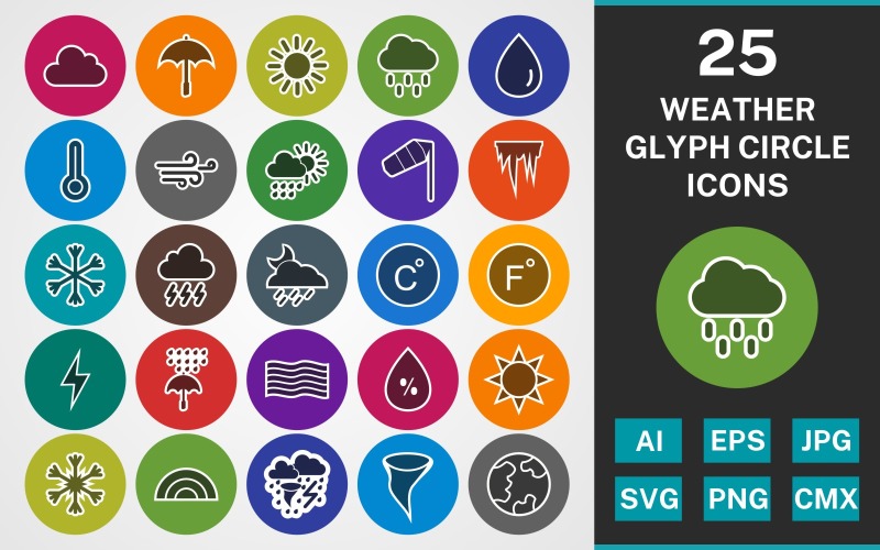 Download Набор иконок "25 WEATHER GLYPH CIRCLE PACK Icon Set" / 25 WEATHER GLYPH CIRCLE PACK Icon Set - Набор иконок на тему weather set,file,icon,icons,linear,glyph,vector,sign,symbol,pictogram,circle,weather,windy,farenheit,haze,rainbow,planet earth,wind,sun,cloud