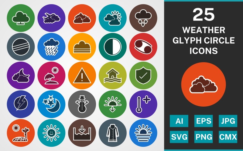 Download Набор иконок "25 WEATHER GLYPH CIRCLE PACK Icon Set" / 25 WEATHER GLYPH CIRCLE PACK Icon Set - Набор иконок на тему weather set,file,icon,icons,linear,glyph,vector,sign,symbol,pictogram,circle,weather,dark ray,fog,cloudy,sheild,hot,sundown,sunset,warning board