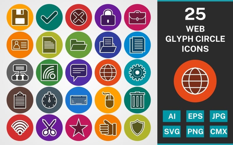 Download Набор иконок "25 WEB GLYPH CIRCLE PACK Icon Set" / 25 WEB GLYPH CIRCLE PACK Icon Set - Набор иконок set,file,icon,icons,linear,glyph,vector,sign,symbol,pictogram,circle,web,save,globe,type,trash,wifi,star,like,lock
