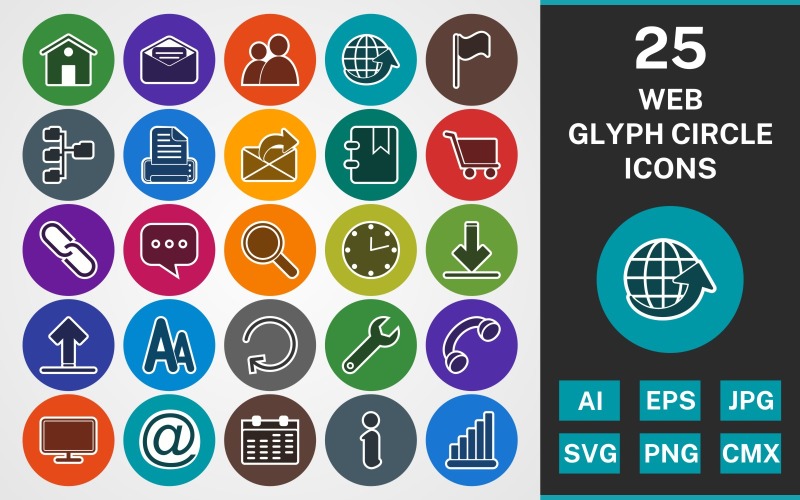 25 WEB GLYPH CIRCLE PACK Ikonuppsättning