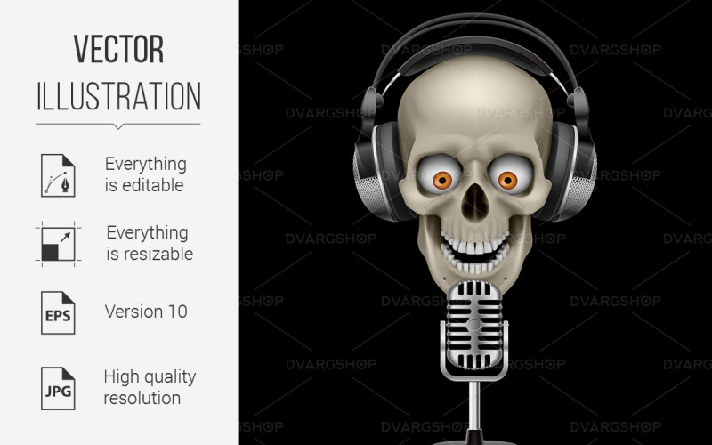 Download Vector "Human Skull in Headphones  with Eyes - Vector Image" / Human Skull in Headphones  with Eyes - Vector Image - Vector на тему графика skull,headphones,human,with,black,eye,illustration,service,telephone,skeleton,science,face,death,mind,object,concept,white,listen,party