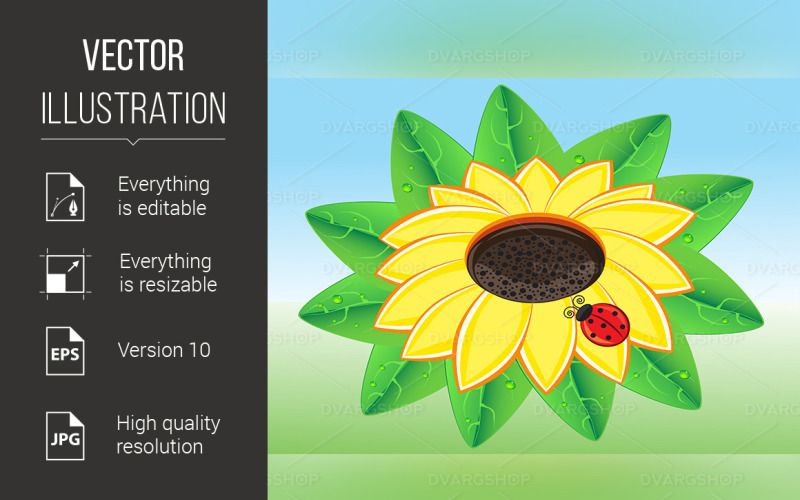 Download Vector "Ladybug on a Sunflowe - Vector Image" / Ladybug on a Sunflowe - Vector Image - Vector на тему графика ladybug,yellow,sunflowe,red,isolated,natural,vibrant,pollen,beetle,sun,background,season,outdoors,plant,ladybird,sunflower,bug,orange,field