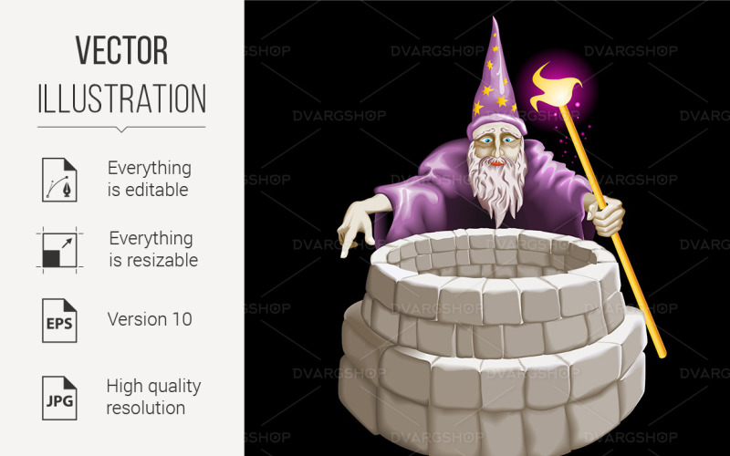 Download Vector "Good Magician and a Well - Vector Image" / Good Magician and a Well - Vector Image - Vector на тему графика magician,wizard,good,illustration,white,background,well,knowledge,drawn,clipart,fairy,graphic,stars,medieval,character,star,trick,wise,cape,silly