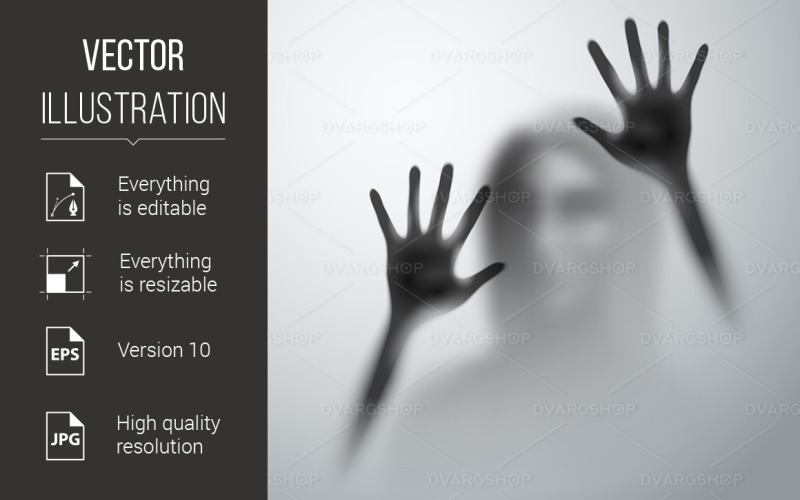 Download Vector "Horror - Vector Image" / Horror - Vector Image - Vector на тему графика body,blurry,hands,horror,girl,behind,glass,figure,woman,shadow,palm,supernatural,cloudy,trap,curtain,light,window,crime,dangerous,silhouette